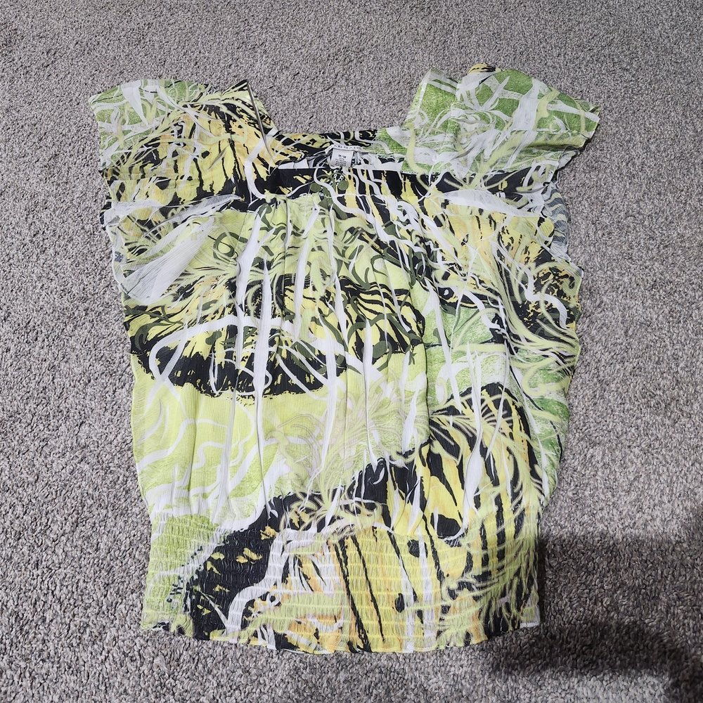 Hannah Women's Yellow Green Printed Short Sleeve Top Size Medium